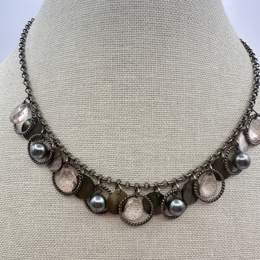 VTG Gunmetal Faux Tahitian Pearl Rose Quartz Choker Bib Necklace